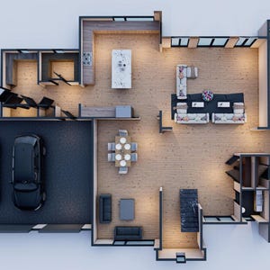 May include: Top-down view of a modern home floor plan. The layout includes a garage with two cars, a kitchen with an island, a dining area, a living room with sofas, and a bedroom. The flooring is light wood.