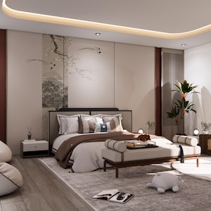 May include: A modern bedroom interior with a neutral color palette. The room features a bed with a brown blanket, a sofa with patterned pillows, and a large rug. A bean bag chair and a decorative bench are also present. The room is well-lit with natural and artificial light.
