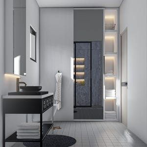 Puede incluir: Interior de baño moderno con un tocador negro, un lavabo negro y un grifo dorado. La habitación cuenta con un espejo grande, una ducha con una pared de piedra gris y estanterías empotradas con toallas y artículos de aseo. El suelo es de baldosas.
