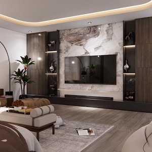 May include: A contemporary living room with a large TV on a marble feature wall. The room includes a brown sofa, a light chaise lounge, and a black arched floor lamp. The flooring is light wood.