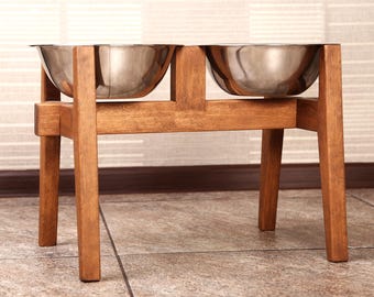 Handmade Alder Wood Elevated Dog Bowl Stand - Double Feeder