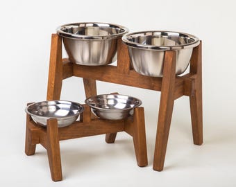 Elevated Dog Bowl Stand: solid alder Wood with 2 Stainless Steel Bowls Double Feeder