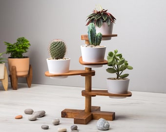 Multi Tier Wood Plant Stand: Adjustable Mid Century Modern Design