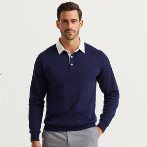 Men&#39;s Polo Sweatshirt: Long Sleeve Cotton Blend Pullover