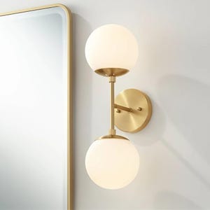 Mid Century Modern Brass Wall Sconce: Frosted Globe Vanity Light