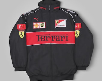 Vintage Black Ferrari F1 Racing Jacket: Embroidered Motorsport Streetwear