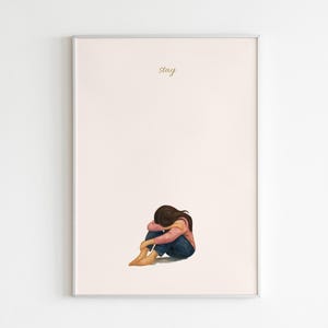Emotionale minimalistische Wandkunst | Trauriges Mädchen Poster | Bleib stark Zitat Druck