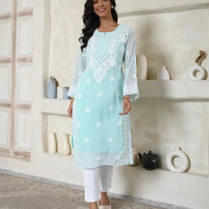 Floral Embroidered Georgette Kurti: Chikankari Calf Length Tunic