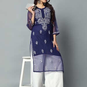 Lucknowi Chikankari Georgette Kurti: Hand Embroidered Calf-Length Tunic