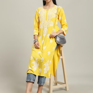 Lucknowi Chikan Kurti: Hand-Embroidered Rayon Tunic, Ethnic Style