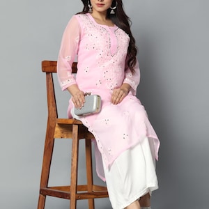 Lucknowi Chikankari Georgette Kurti: Hand Embroidered Calf-Length Tunic