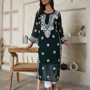 Floral Embroidered Georgette Kurti: Chikankari Calf Length Tunic