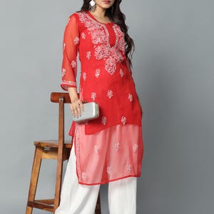 Lucknowi Chikankari Georgette Kurti: Hand Embroidered Calf-Length Tunic