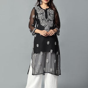 Lucknowi Chikankari Georgette Kurti: Hand Embroidered Calf-Length Tunic