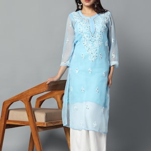 Lucknowi Chikankari Georgette Kurti: Hand Embroidered Calf-Length Tunic