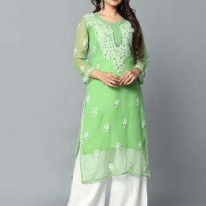 Lucknowi Chikankari Georgette Kurti: Hand Embroidered Calf-Length Tunic