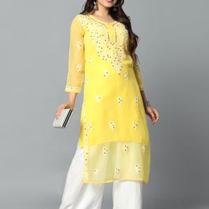 Lucknowi Chikankari Georgette Kurti: Hand Embroidered Calf-Length Tunic
