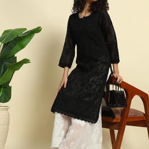 Hand Embroidered Cotton Kurti: Black Chikan Embroidery, Relaxed Fit
