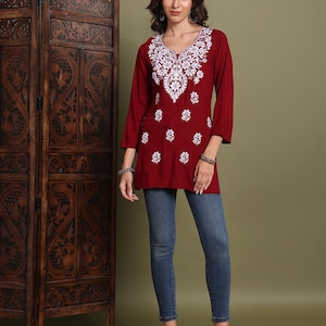Embroidered Chikankari Rayon Cotton Short Kurti Top