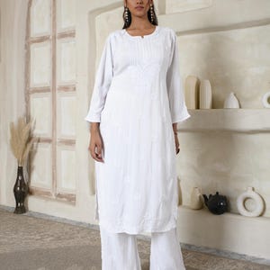 Floral Embroidered Georgette Kurti: Chikankari Calf Length Tunic