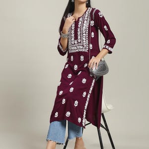 Lucknowi Chikan Kurti: Hand-Embroidered Rayon Kurta, Traditional Indian Style