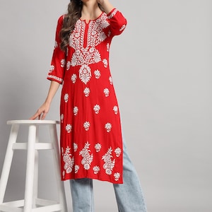 Lucknowi Chikan Kurti: Hand-Embroidered Rayon Tunic, Ethnic Style