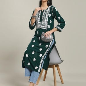 Lucknowi Chikan Kurti: Hand-Embroidered Rayon Kurta, Traditional Indian Style