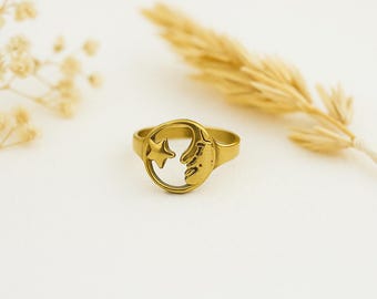 Celestial Moon Star-ring – Minimalistische hemelse verstelbare ring voor vrouwen, handgemaakte wassende maanster-sieraden, valentijnscadeau