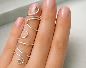 Silver Spiral Wrap Ring, Adjustable Midi Ring, Boho Statement Ring, Minimalist Wire Ring, Knuckle Ring, Gift for Her, Artistic Finger Ring