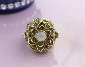 Rainbow Moonstone Poison Ring, Vintage Brass Pillbox Ring, Boho Secret Locket Ring, Handmade Hidden Compartment Ring