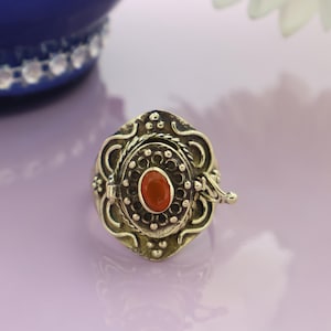 Carnelian Gemstone Brass Pill Box Ring: Handmade Boho Jewelry