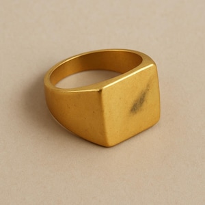 May include: A gold-colored signet ring with a rectangular face. The ring has a smooth, polished finish and a slightly worn appearance on the face. The ring is a classic piece of jewelry.