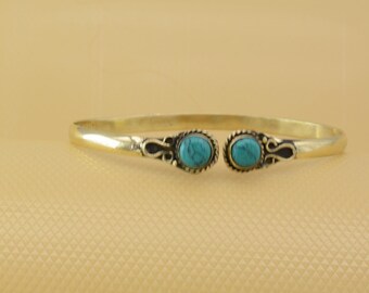 Turquoise Stone Cuff Bracelet: Adjustable Boho Brass Bangle