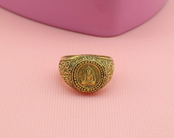 Buddha Ring for Men, Vintage Gold Buddhist Ring, Spiritual Meditation Jewelry,Thai Buddha Signet Ring, Lucky Talisman Ring,Yoga Jewelry Gift