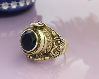 Black Onyx Poison Ring, Ethnic Poison Ring, Handmade Ring, Secret Ring, Brass Ring, Statement Ring, Handmade Ring, Boho Ring, Gift For Her