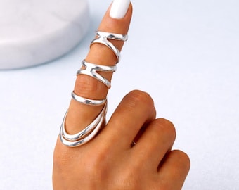 Silver Multi Band Knuckle Ring, Adjustable Wrap Midi Ring, Minimalist Stacking Statement Ring, Modern Open Finger Ring, Jewelry Gift for Her