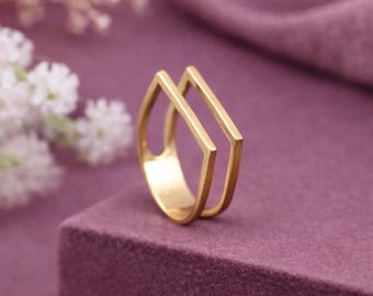 Gold Double Bar Ring, Brass Thick Two Line Ring, Flat Bar Ring, Geometric Statement Ring, Minimal Ring, Square Bohemian Ring, Modern Ring