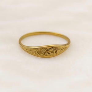 May include: A gold-coloured ring featuring an engraved leaf design on a curved oval shape. The ring is set against a white background, highlighting the intricate details of the jewellery.