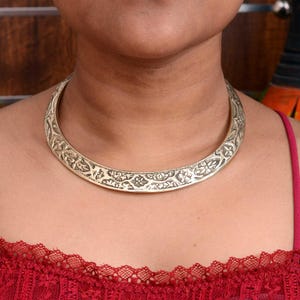 Antique Brass Torque Choker for Women, Tribal Ethnic Statement Neck Ring, Engraved Solid Brass Collar Necklace