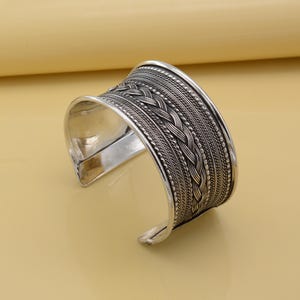 Braided Tribal Cuff Bracelet: Wide Boho Silver Bangle