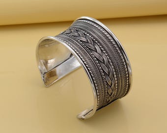Braided Tribal Cuff Bracelet: Wide Boho Silver Bangle