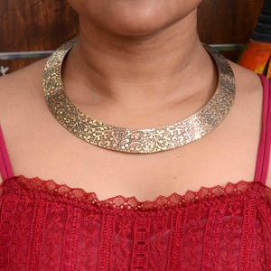 Floral Engraved Brass Choker: Adjustable Boho Tribal Necklace