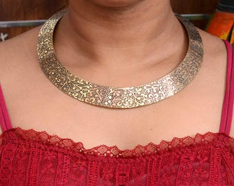 Handmade Golden Brass Choker | Engraved Floral Ethnic Necklace