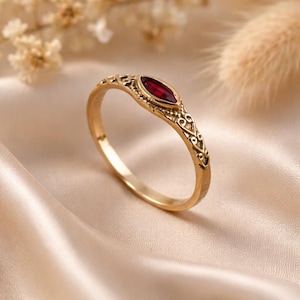 Marquise Red Garnet Gold Ring: Embossed Boho Band, January Birthstone