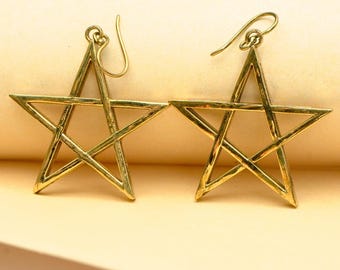 Pentagram Star Earrings, Gold Star Dangle Earrings, Wiccan Pagan Jewelry, Gothic Witch Earrings, Pentacle Jewelry, Boho Star Earrings