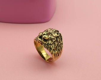 Anillo de cabeza de león dorado para hombre, joyería de latón con diseño de león rey, anillo ajustable con diseño de animal llamativo, banda vintage con estilo, regalo para él, anillo hecho a mano.