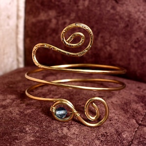 Boho Gold Arm Cuff Bracelet with Blue Stone – Handmade Wire Wrapped Brass Armlet – Adjustable Upper Arm Jewelry for Women
