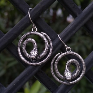 Coiled Snake Earrings | Serpent Hoop Earrings | Gothic Snake Jewelry | Antique Silver Snake Dangle Earrings |Wiccan Reptile Earrings for Her