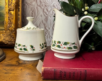 Juego de jarro para crema y azucarero con tapa Holly Berry de estilo vintage de los años 90