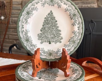 Staffordshire Engravings Yuletide Green Christmas Salad Plates Set of 4 | Tree & Poinsettia Holiday Ironstone | Discontinued Dinnerware